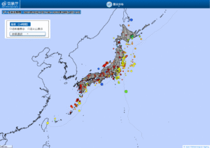 日本全域の最新地震分布(気象庁)