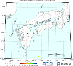 近畿から九州までの最新地震分布