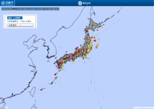 日本全域の最新地震分布(気象庁)