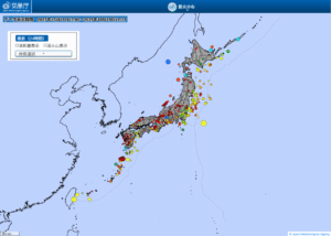日本全域の最新地震分布(気象庁)