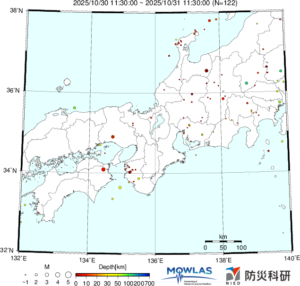 東海から中四国までの最新地震分布