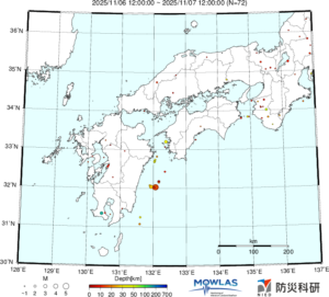 近畿から九州までの最新地震分布