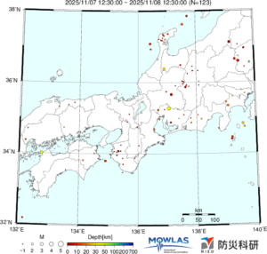 東海から中四国までの最新地震分布