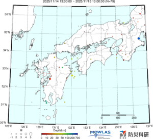 近畿から九州までの最新地震分布