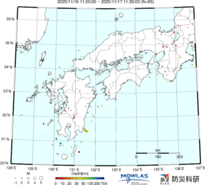 近畿から九州までの最新地震分布