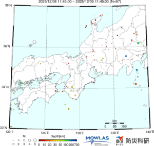 東海から中四国までの最新地震分布