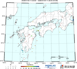 近畿から九州までの最新地震分布