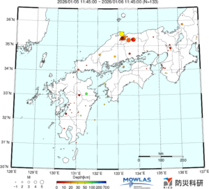 近畿から九州までの最新地震分布