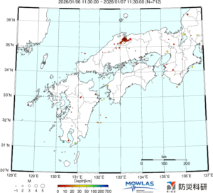 近畿から九州までの最新地震分布
