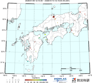 近畿から九州までの最新地震分布