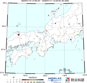 東海から中四国までの最新地震分布