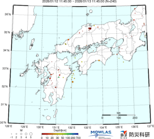 近畿から九州までの最新地震分布
