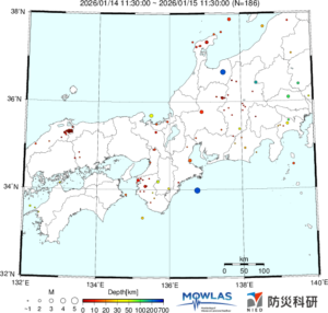 東海から中四国までの最新地震分布