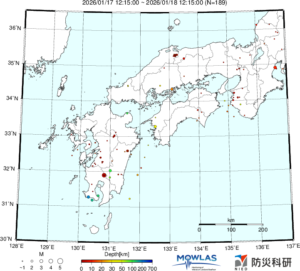 近畿から九州までの最新地震分布