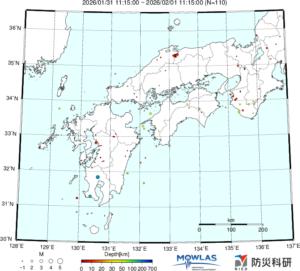 近畿から九州までの最新地震分布