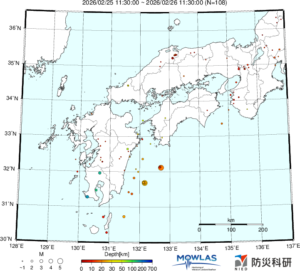 近畿から九州までの最新地震分布