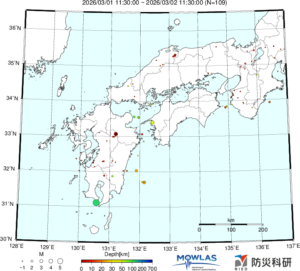 近畿から九州までの最新地震分布