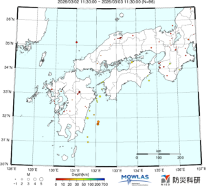 近畿から九州までの最新地震分布