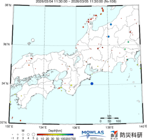東海から中四国までの最新地震分布