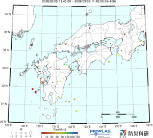 近畿から九州までの最新地震分布