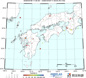 近畿から九州までの最新地震分布