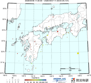 近畿から九州までの最新地震分布