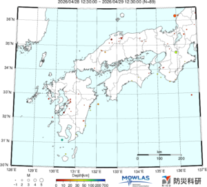 近畿から九州までの最新地震分布