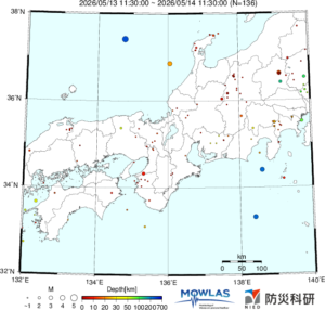 東海から中四国までの最新地震分布